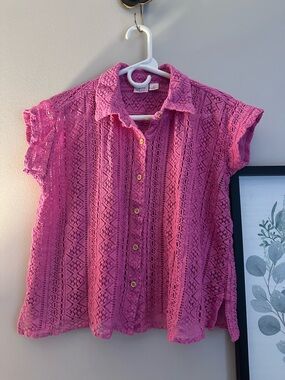 Goa Beachware Pink Crochet Button-Front Swim Cover-up Top